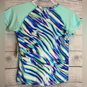Athleta Girl Short Sleeve Rashguard in Aqua and Dark Blue Swim Beach XL/14 NWT